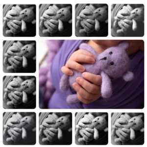 Example of black & white Photoshop actions applied to a photo of a child holding a stuffed bear