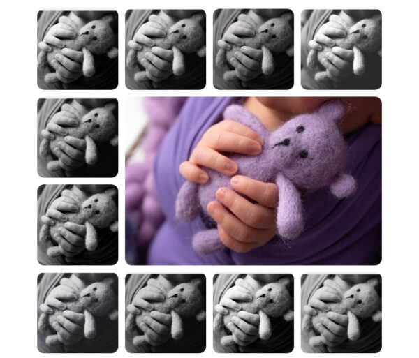 Example of black & white Photoshop actions applied to a photo of a child holding a stuffed bear