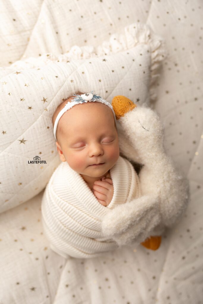 Newborn Twins Photoshoot: 6 Practical Tips for Calm, Confident Planning and Preparation 6 Newborn Twins Photoshoot: sleeping baby girl in a white wrap and headband, cuddled by a soft toy goose on a star-patterned quilt