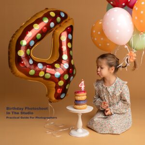 Birthday Photoshoot In The Studio – Practical Guide for Photographers Birthday Photoshoot In The Studio guide cover with number four balloon, girl, and donut cake on neutral background