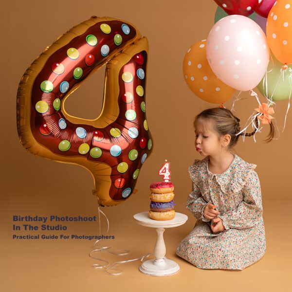 Birthday Photoshoot In The Studio – Practical Guide for Photographers Birthday Photoshoot In The Studio guide cover with number four balloon, girl, and donut cake on neutral background