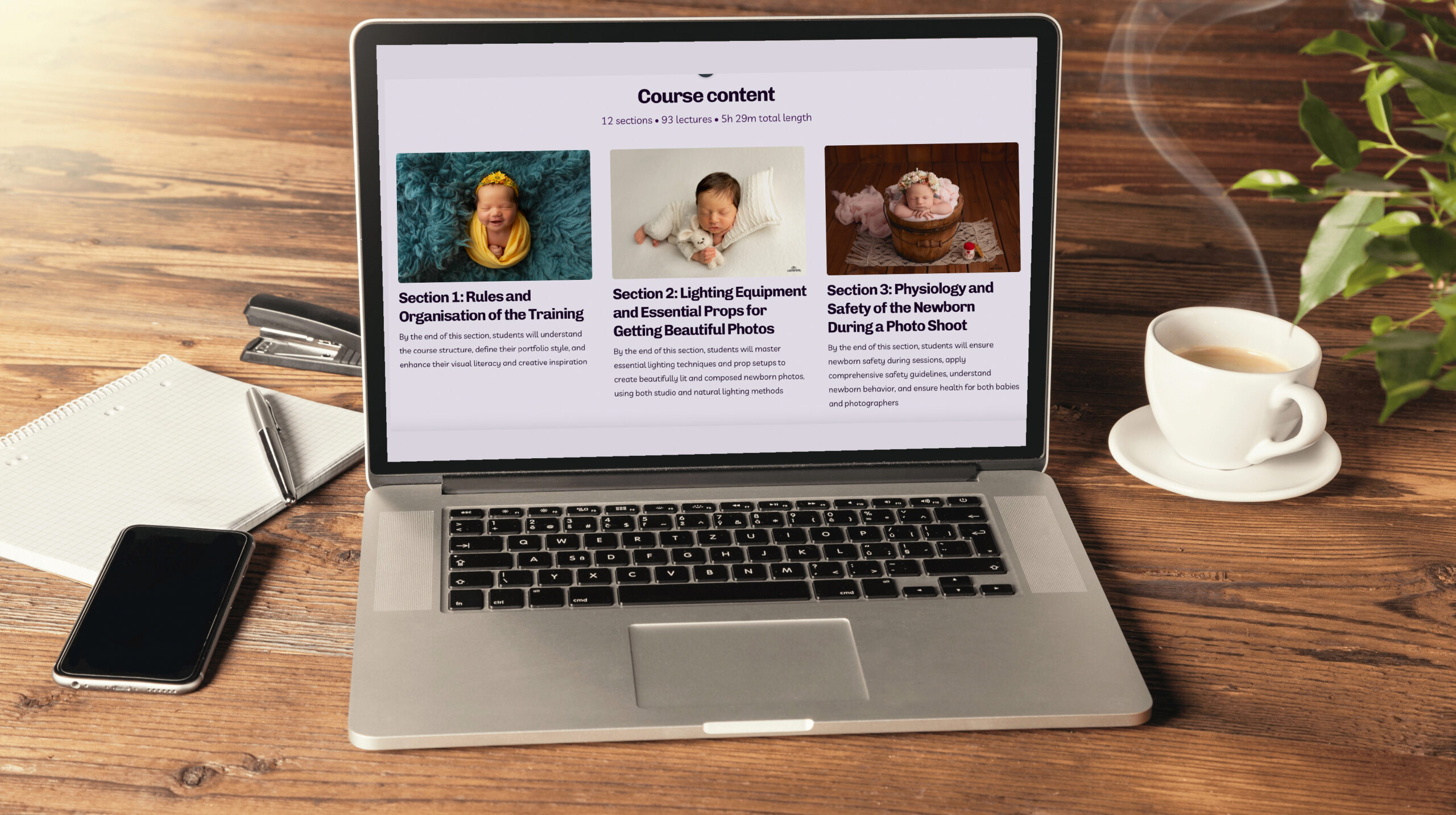 Online Course in Newborn Photography: Master Skills, Earn More! *self-paced 5 Online Course in Newborn Photography curriculum preview on laptop screen showing course sections, newborn images, and lesson structure