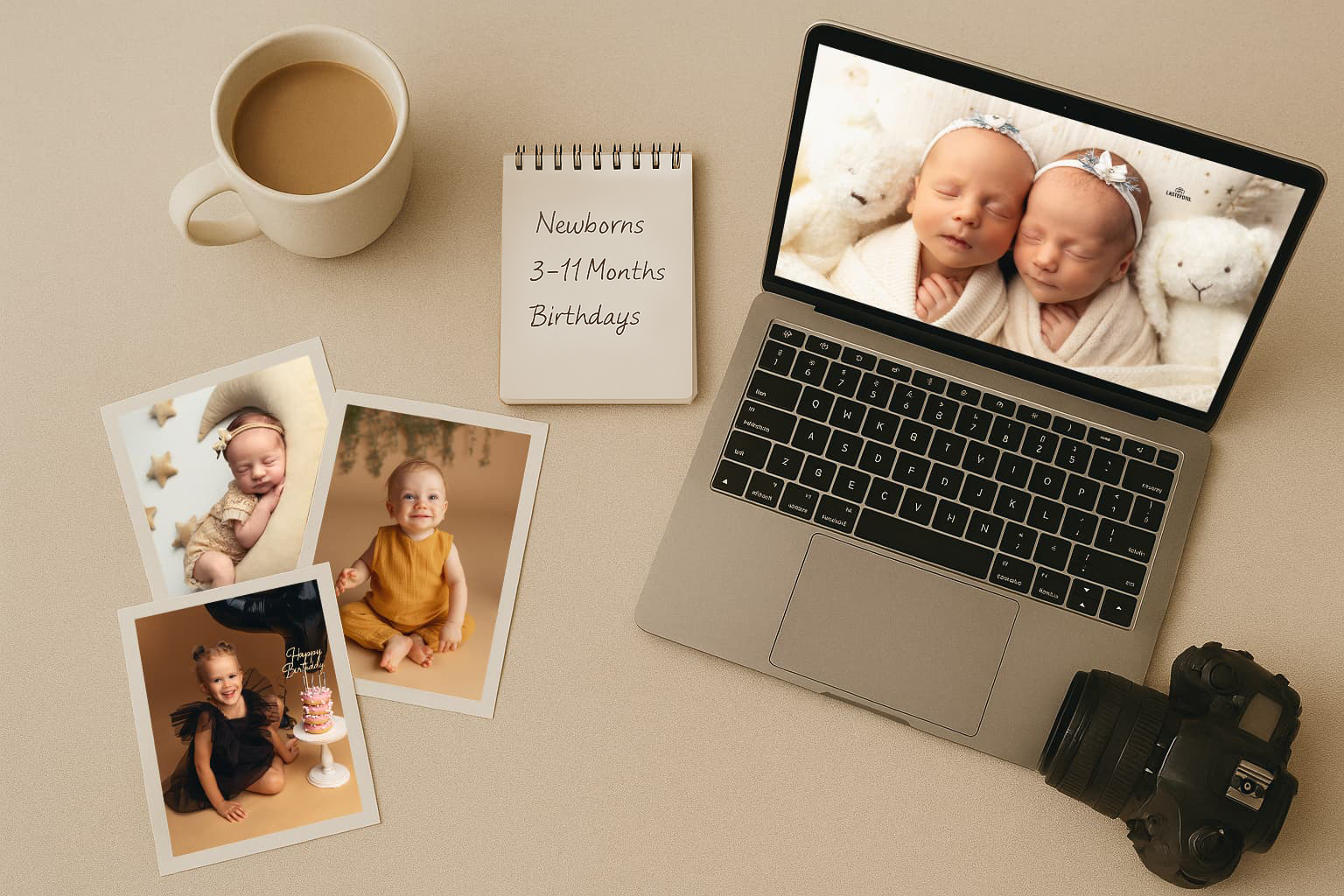Training For Newborn And Baby Photographers: Online Course, Practical Guides, Editing Tools 1 Training for newborn and baby photographers: laptop with twin photo, printed child portraits, notebook with session topics and camera on a neutral desk
