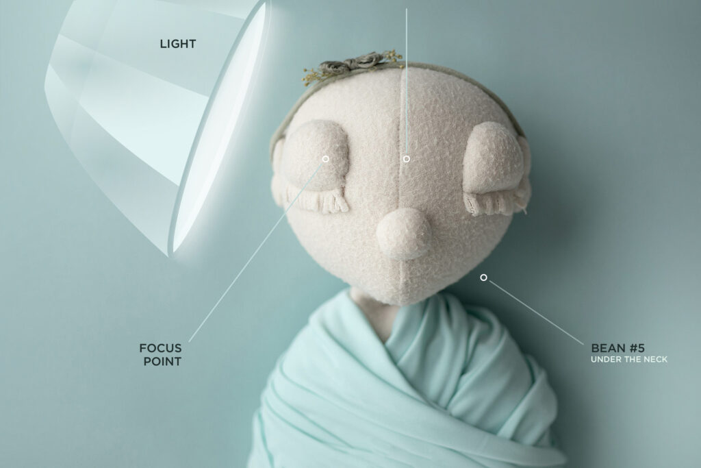 Vastsündinu pildistamise koolitus – valguse ja fookuspunkti näide poosis olevas beebinukus