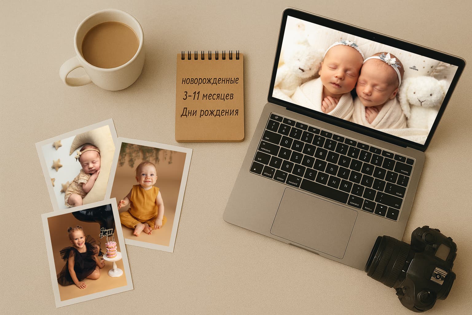 Обучение для фотографов новорожденных: ноутбук с фото близнецов, распечатанные детские снимки, блокнот с темами съёмки и камера на столе