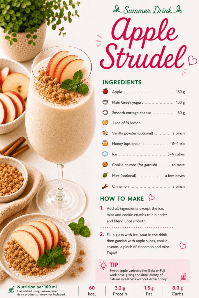 Healthy drinks for kids: apple strudel drink with Greek yogurt, smooth cottage cheese, lemon, vanilla, cinnamon and mint.