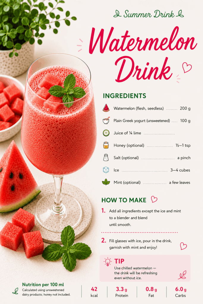 Healthy drinks for kids: summer watermelon drink with Greek yogurt, lime, mint and ice.