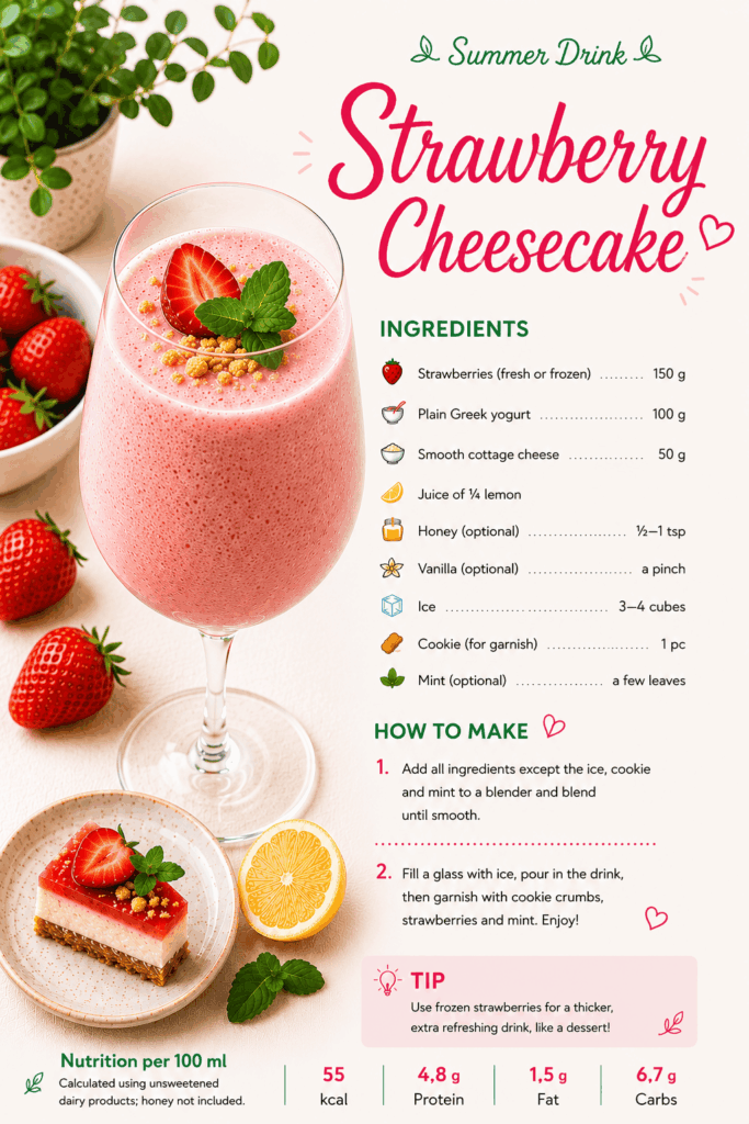Healthy drinks for kids: strawberry cheesecake drink with Greek yogurt, smooth cottage cheese, lemon and mint.