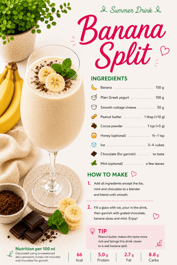 Healthy drinks for kids: banana split drink with Greek yogurt, smooth cottage cheese, peanut butter, cocoa and chocolate.