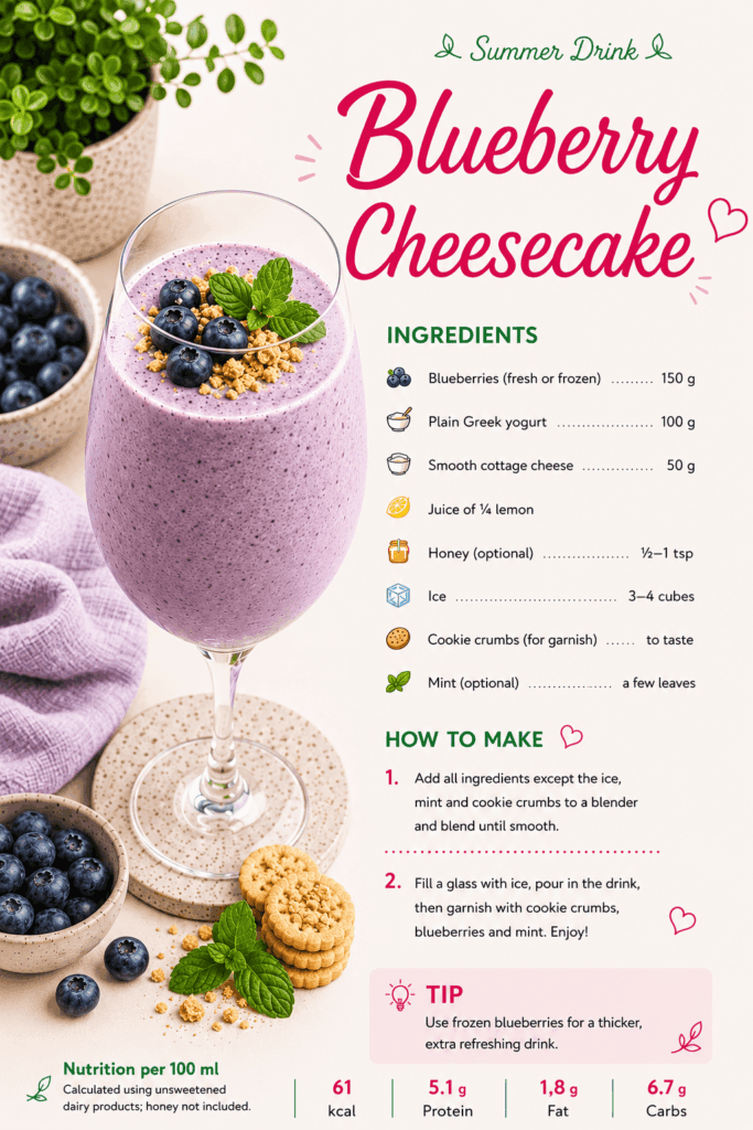 Healthy drinks for kids: blueberry cheesecake drink with Greek yogurt, smooth cottage cheese, lemon, cookie crumbs and mint.