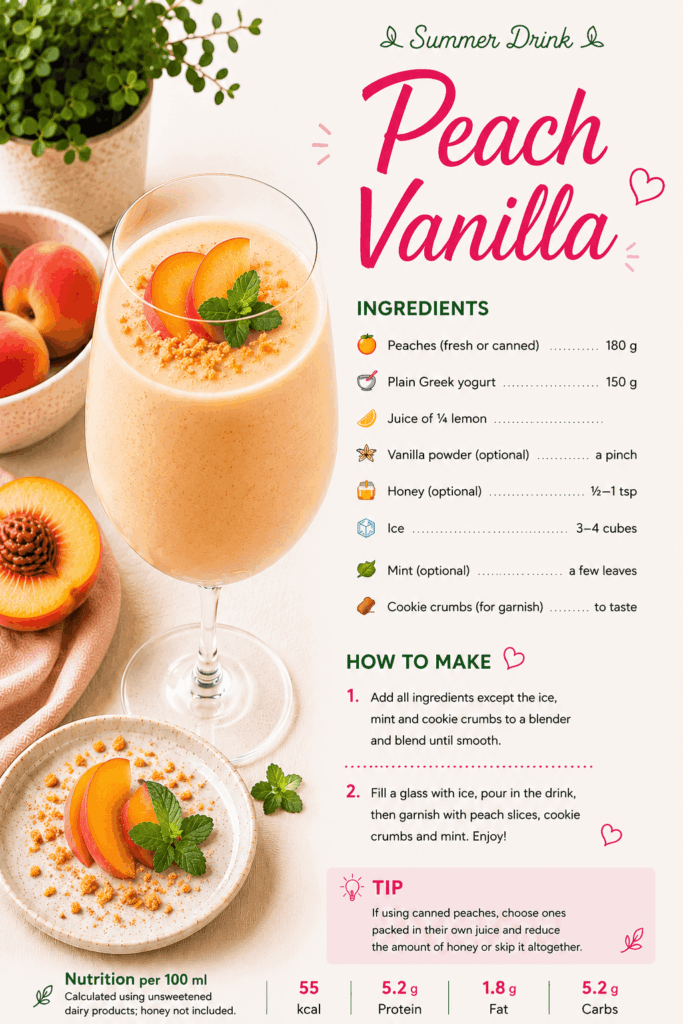 Healthy drinks for kids: peach vanilla drink with Greek yogurt, lemon, vanilla, mint and cookie crumbs.