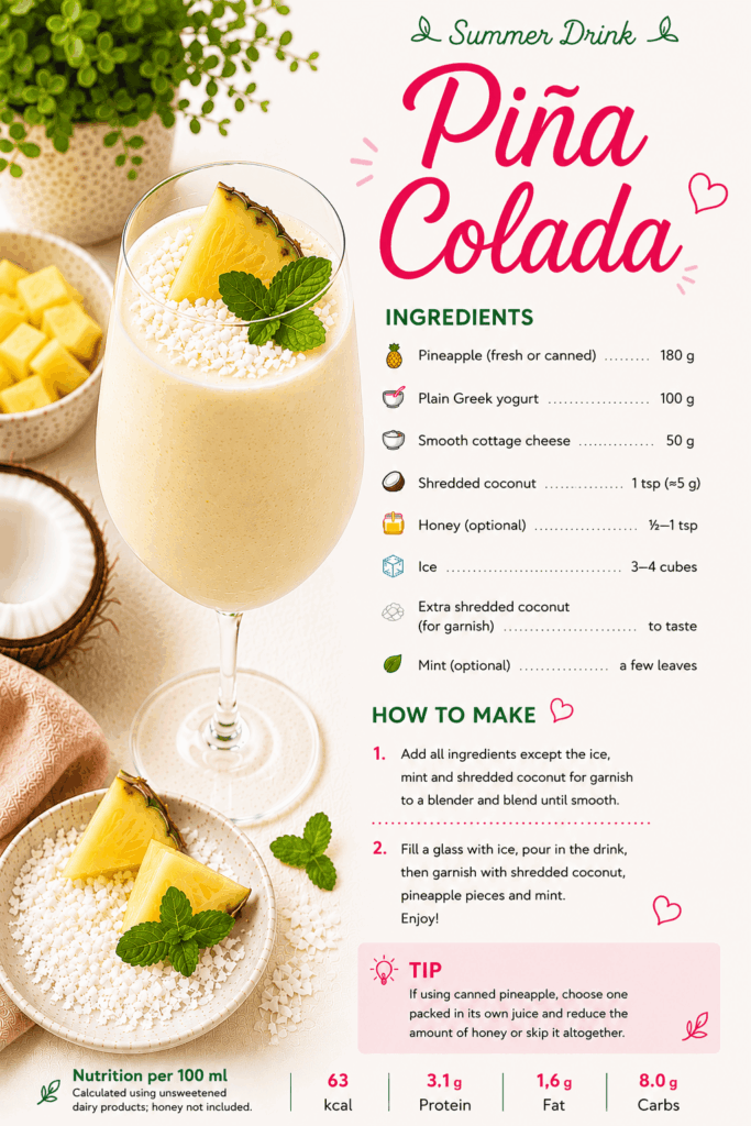 Healthy drinks for kids: piña colada drink with pineapple, Greek yogurt, smooth cottage cheese, coconut flakes and mint.