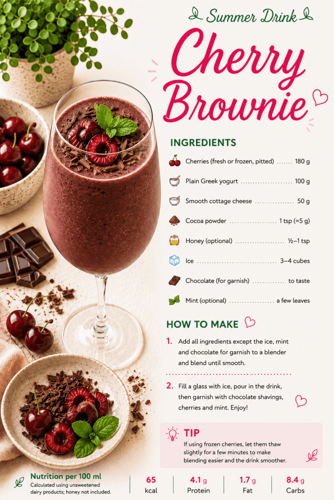 Healthy drinks for kids: cherry brownie drink with Greek yogurt, smooth cottage cheese, cocoa, chocolate and mint.