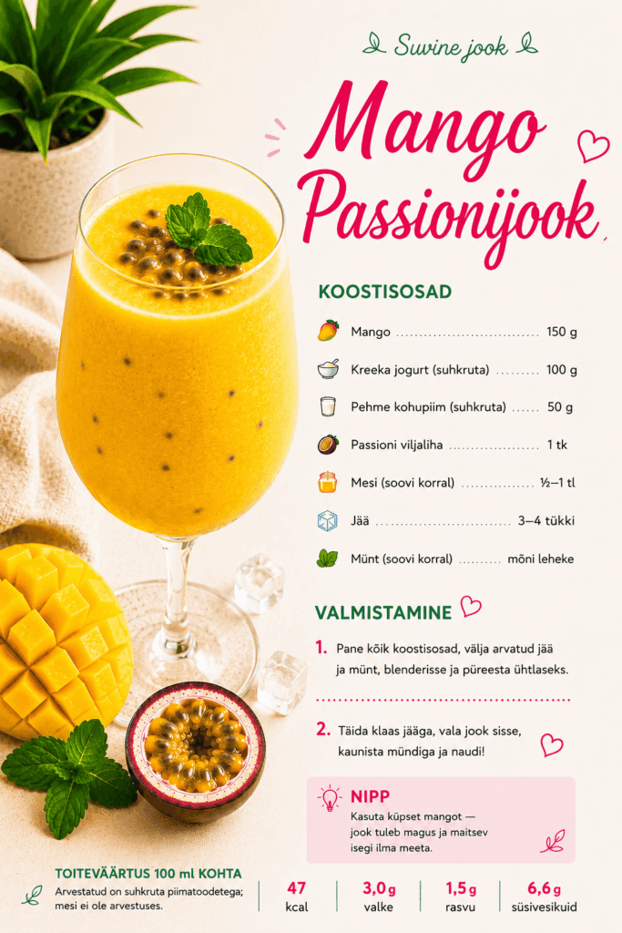 Tervislikud joogid lastele: mango-passionijook Kreeka jogurti, pehme kohupiima, mündi ja jääga.