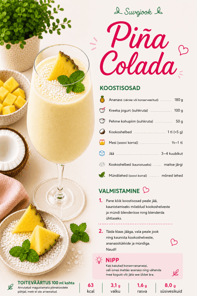 Tervislikud joogid lastele: piña colada ananassi, Kreeka jogurti, pehme kohupiima, kookoshelveste ja mündiga.