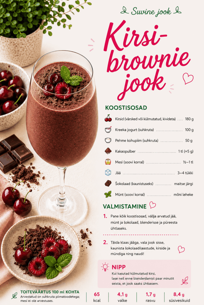 Tervislikud joogid lastele: kirsi-brownie jook Kreeka jogurti, pehme kohupiima, kakao, šokolaadi ja mündiga.