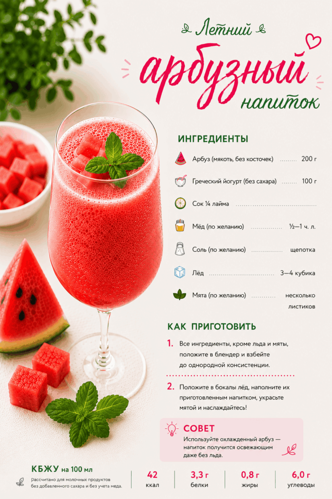 Полезные напитки для детей: летний арбузный напиток с греческим йогуртом, лаймом, мятой и льдом.