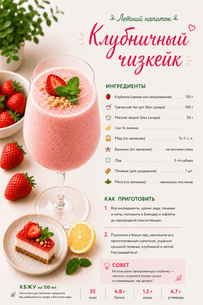 Полезные напитки для детей: клубничный чизкейк с греческим йогуртом, мягким творогом, лимоном и мятой.