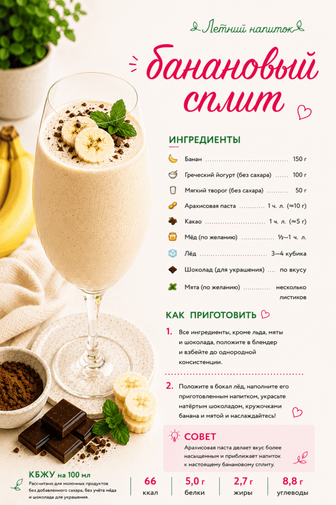 Полезные напитки для детей: банановый сплит с греческим йогуртом, мягким творогом, арахисовой пастой, какао и шоколадом.