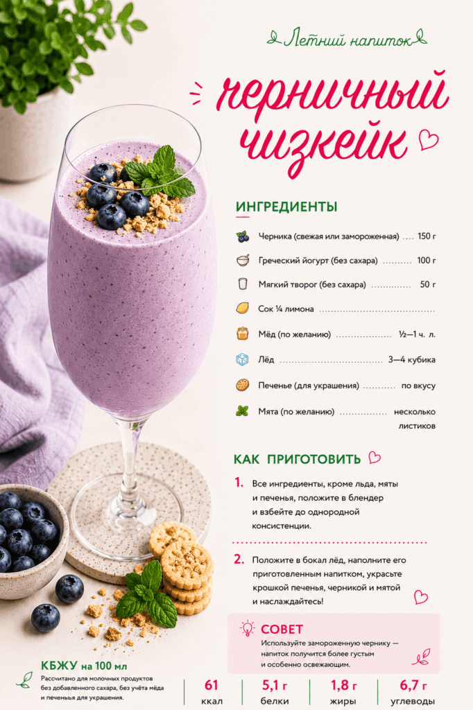 Полезные напитки для детей: черничный чизкейк с греческим йогуртом, мягким творогом, лимоном, печеньем и мятой.