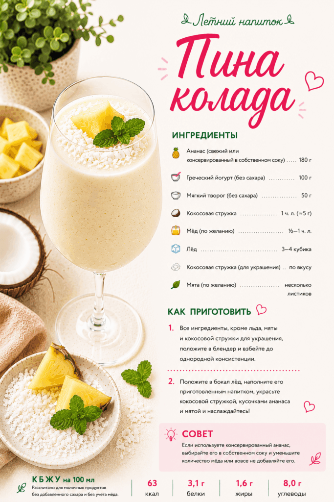 Полезные напитки для детей: пина колада с ананасом, греческим йогуртом, мягким творогом, кокосовой стружкой и мятой.