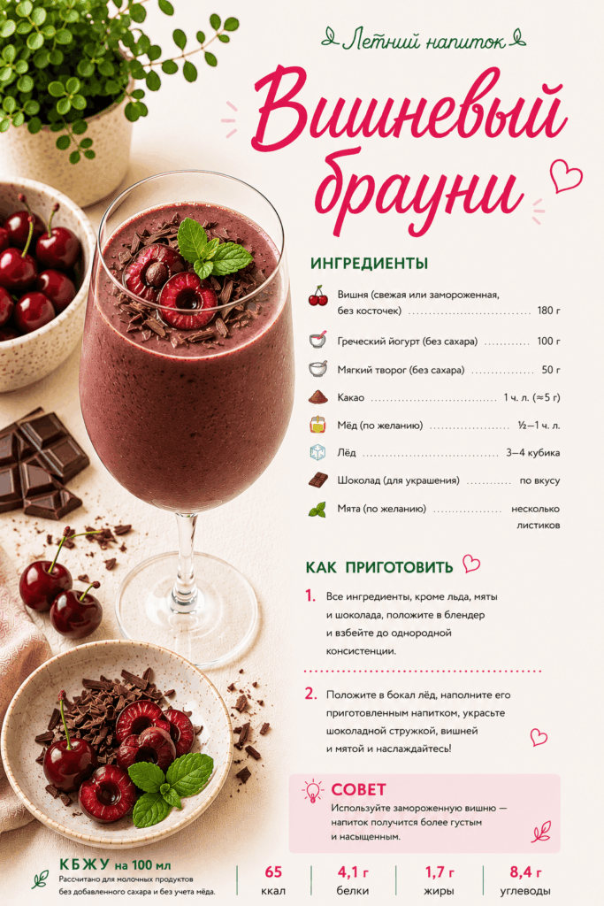 Полезные напитки для детей: вишневый брауни с греческим йогуртом, мягким творогом, какао, шоколадом и мятой.